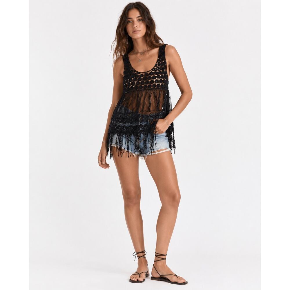 Tobi Black Crochet Lace Fringe Tank Top Beaded Hem Boho Festival S/M